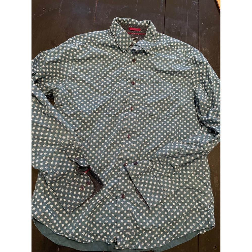 AJ Modern Fit Men's Teal Floral Print Long Sleeve Button Up Shirt Size Medium